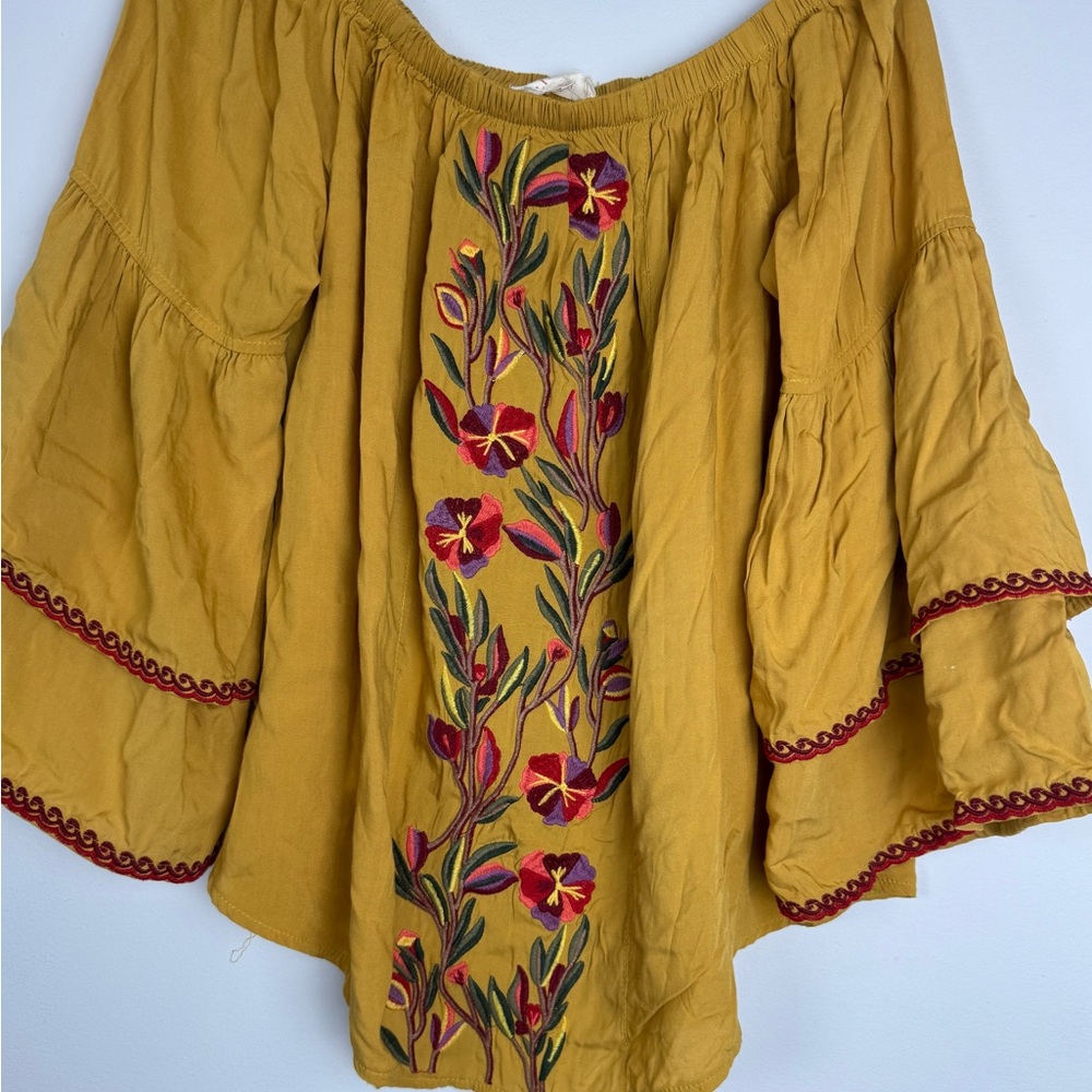 Solitaire Mustard Floral Embroidered Off Shoulder Bell Sleeve Top S